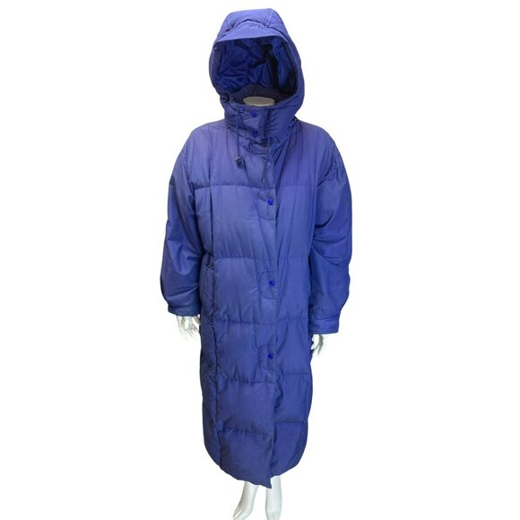 Eddie Bauer Goose Down Duffle Coat Full Length Parka Hooded Blue Large Womens